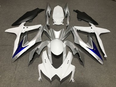 Blanc Brillant Avec Argent & Bleu Noir Mat Inférieur 2008-2010 Suzuki GSXR 600-750 Carénage Moto