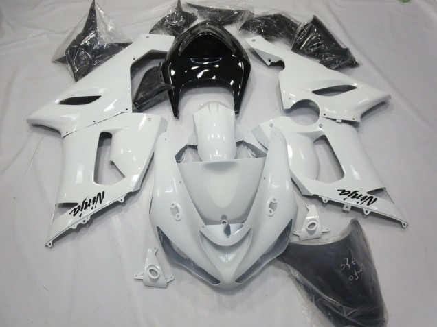 Blanc Brillant Avec Queue Noire 2005-2006 Kawasaki ZX6R Carénage Moto Blanc Brillant Avec Queue Noire 2005-2006 Kawasaki ZX6R Carénage Moto