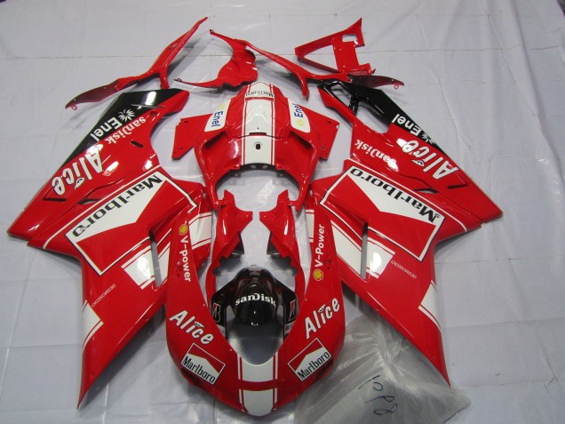 Carénages Moto Ducati 848 1098 1198 2007-2014 - Blanc Rouge Noir Brillant Marlboro Alice