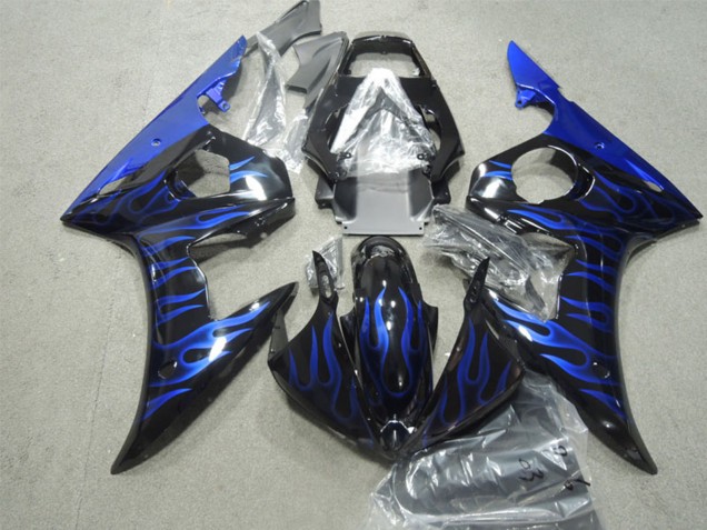 Carénages Moto Yamaha YZF R6 2003-2004 - Noir Brillant Bleu Flamme